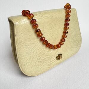 Vintage 60s Faux Croc Textured Leather Vinyl Hand Bag Beaded Handle Granny Core